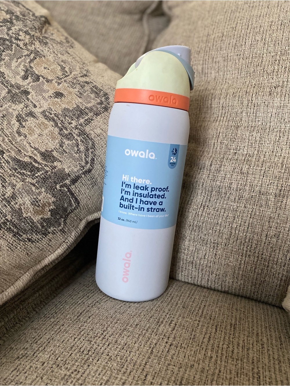 Owala Insulated Water Bottle with Built-In Straw — Light Blue & Cream